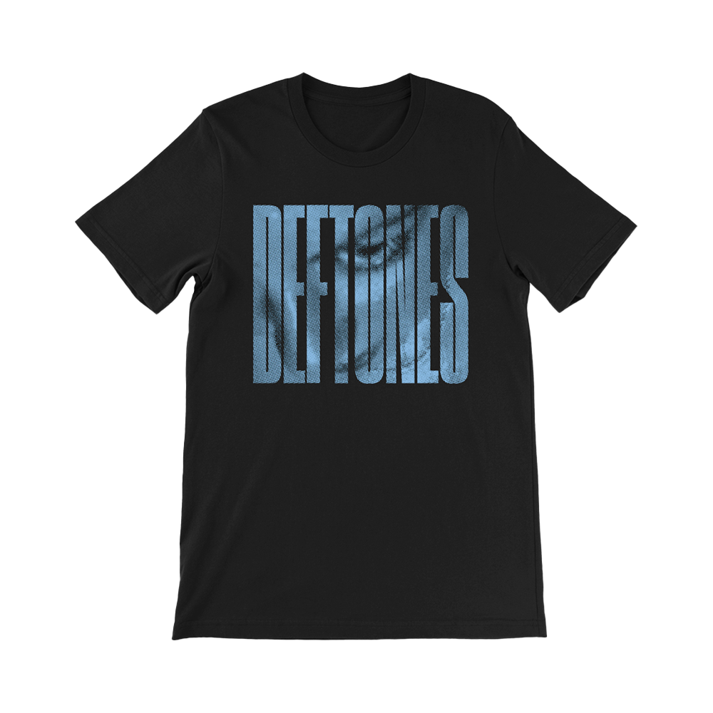 Official Deftones Merchandise. 100% black cotton t-shirt with a blue halftone Deftones logo printed on the front.