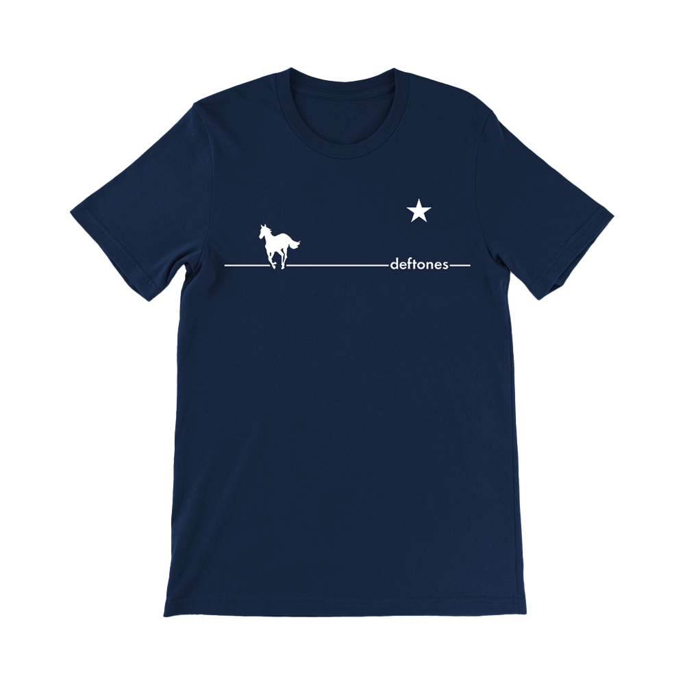 Official Deftones Merchandise. 100% navy cotton t-shirt with the White Pony album horse and a star printed in white on the front.