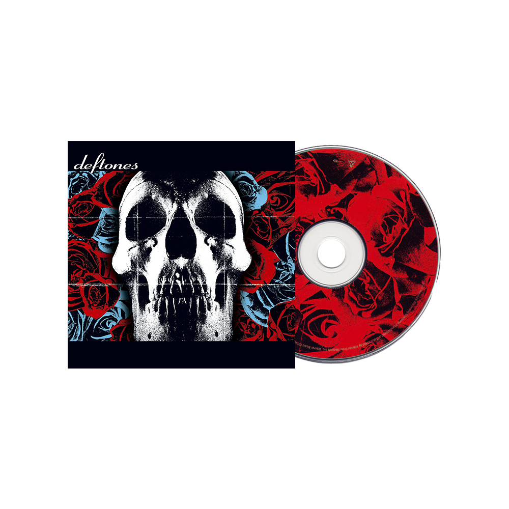 CD album cover and disc for Deftones featuring a stark white skull against a dark background with red and blue rose designs.