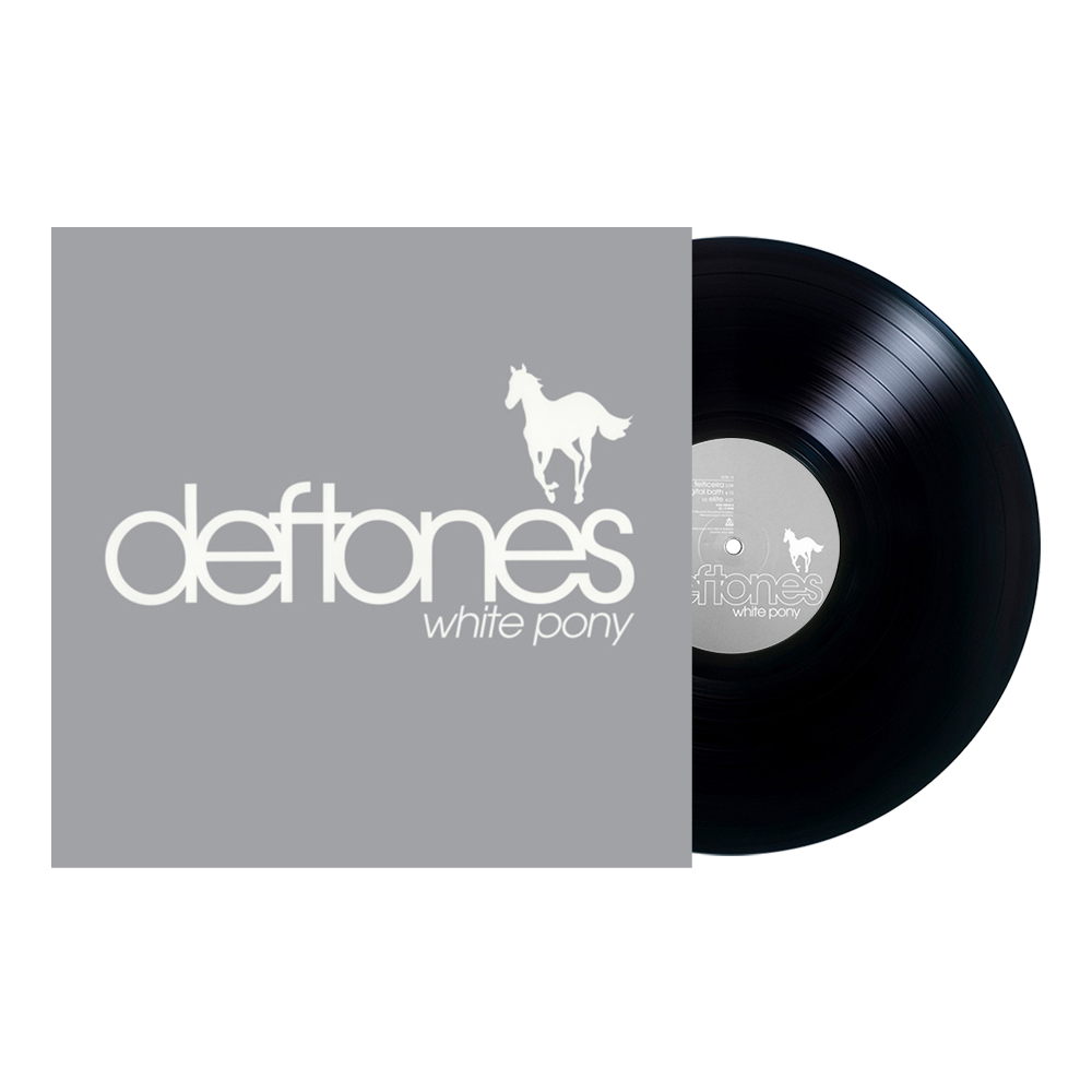 Vinyl record album of Deftones’ ’White Pony’ with gray cover featuring white horse silhouette.