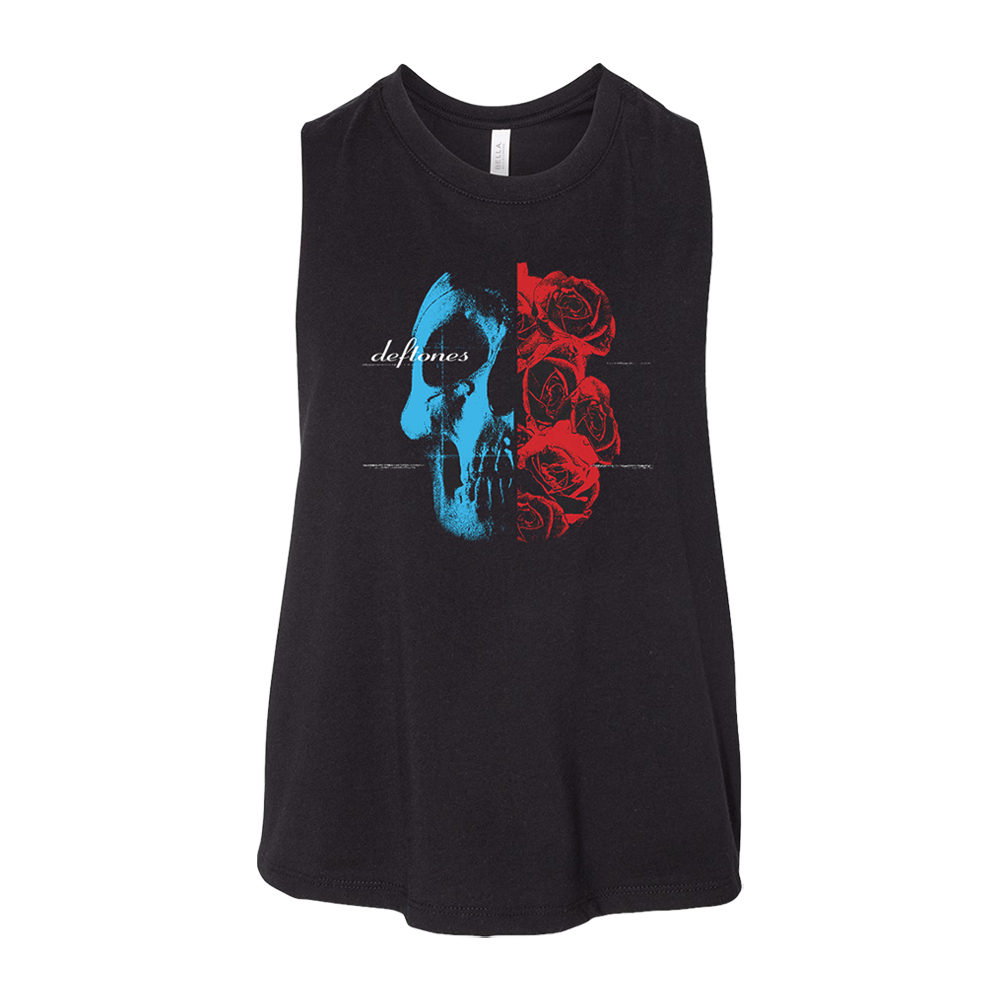 Deftones Official Merchandise. 52% cotton, 48% poly jersey cropped ladies racerback tank with a split red rose and blue skull design and the white script Deftones logo.