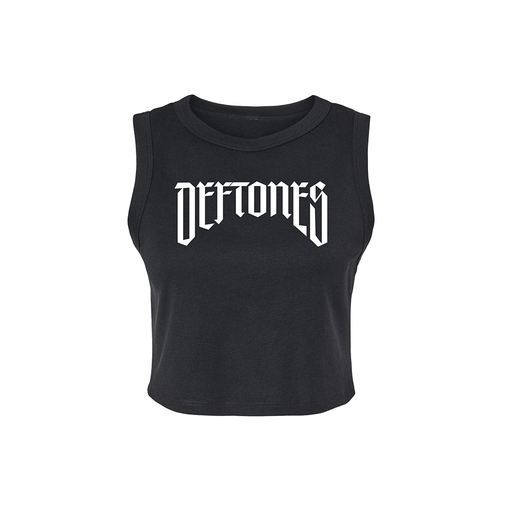 Official Deftones Merchandise. Cotton and polyester blend, womens micro ribbed tank top featuring a white calligraphy Deftones logo printed across the chest.