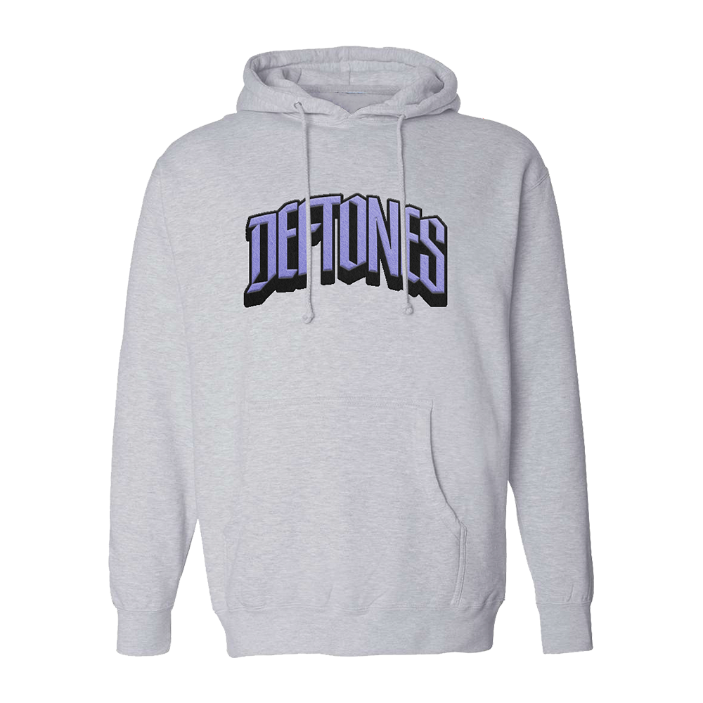 Official Deftones Merchandise. 70% cotton / 30% polyester heavyweight, light gray pullover hoodie. Features a purple curved Deftones tack twill logo applique on the front.