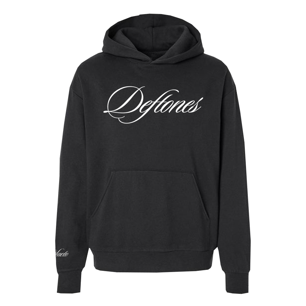 Official Deftones Merchandise. 70% cotton / 30% polyester heavyweight, black pullover hoodie. Features an embroidered white, script logo on the front chest and the right sleeve.