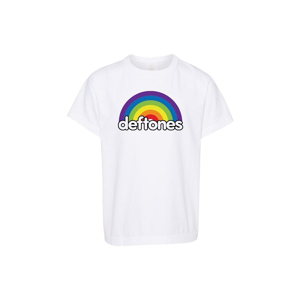 Official Deftones Merchandise. White 100% cotton youth t-shirt with a rainbow Deftones logo.