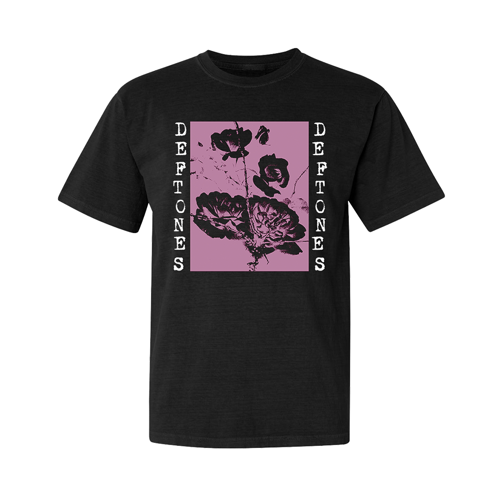 Official Deftones Merchandise. Premium 100% cotton, black unisex t-shirt with a relaxed fit featuring a pink flower print.