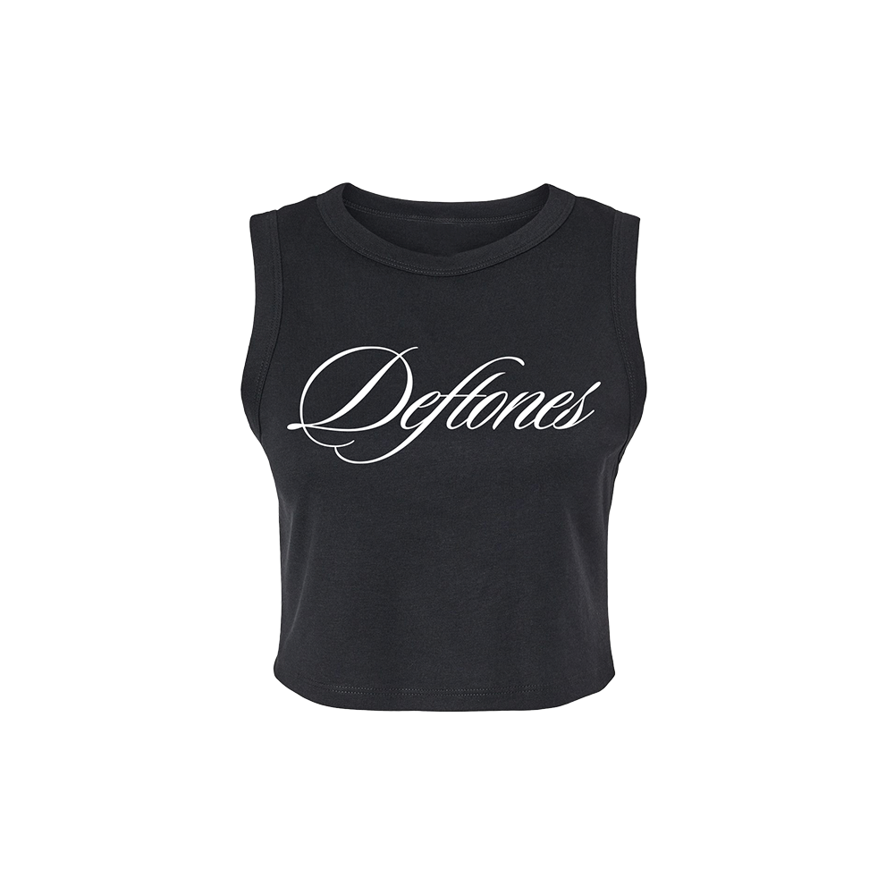 Official Deftones Merchandise. Cotton and polyester blend, womens micro ribbed tank top featuring a white script Deftones logo printed across the chest.