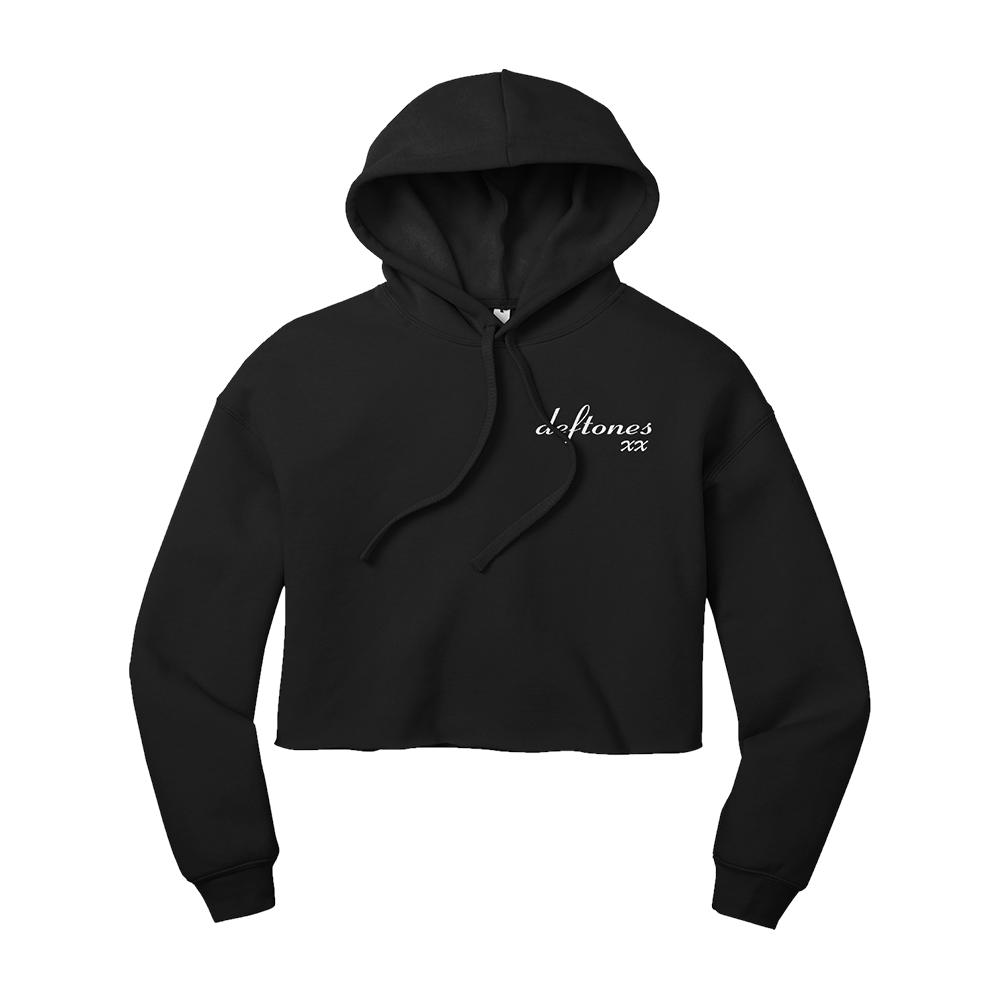 Official Deftones Merchandise. 100% black cotton women's crop hoodie with the Deftones self titled album art printed on the back and the Deftones logo with XX printed on the front left chest.