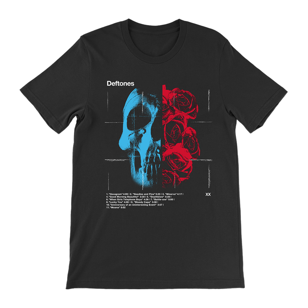 Deftones Official Merchandise. 100% ringspun cotton black t-shirt with a split red rose and blue skull printed on the front with the Deftones self titled album tracklist underneath.