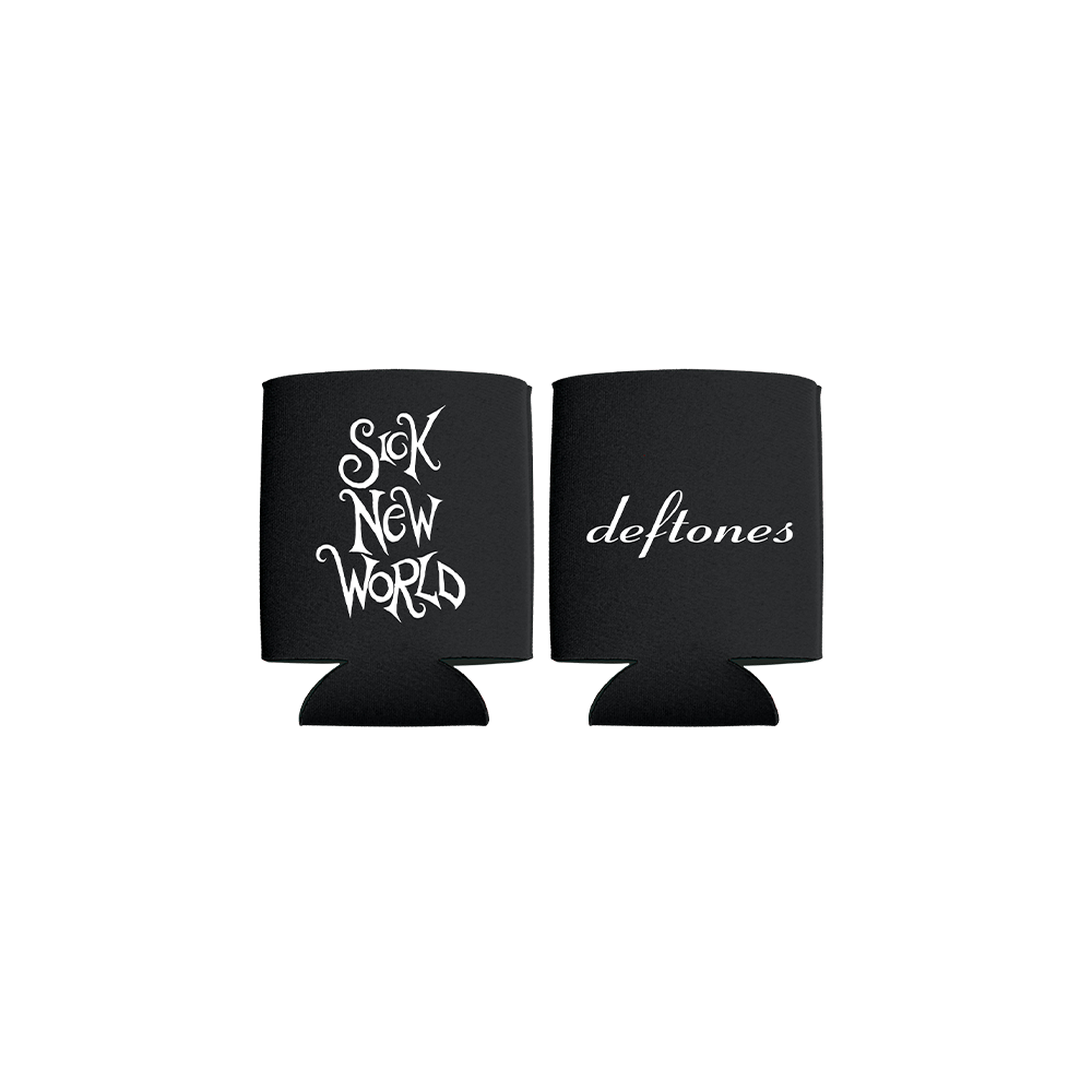 Foam collapsible can cooler featuring the script Deftones logo and the Sick New World festival logo.