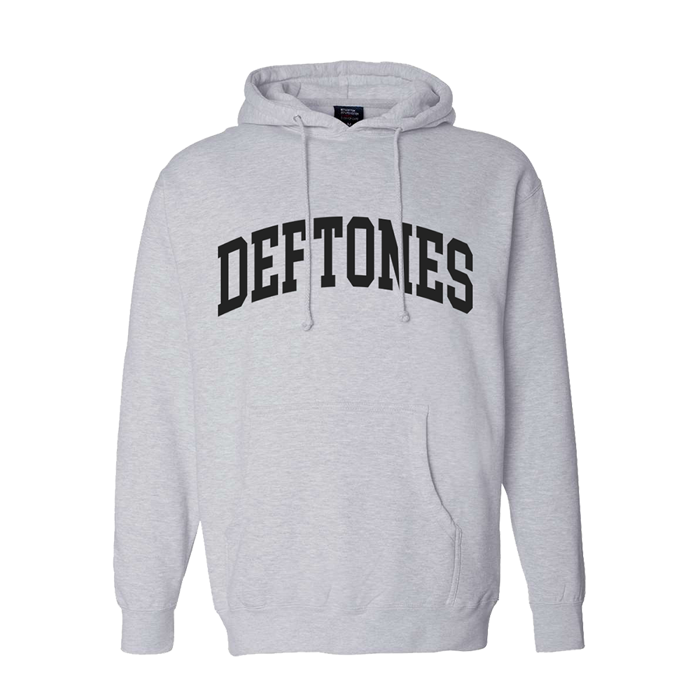 Official Deftones Merchandise. 70% Cotton / 30% Polyester blend grey heavyweight hoodie with a Deftones logo printed on the front in collegiate font.