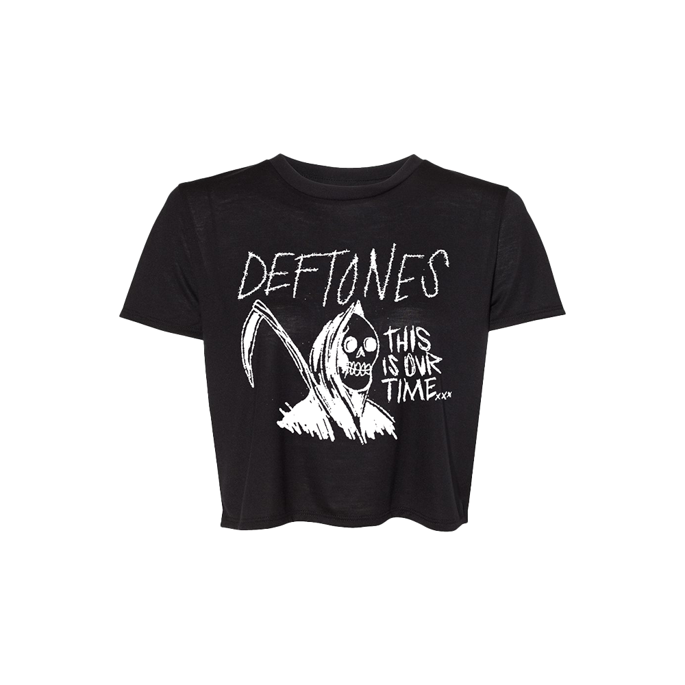Official Deftones Merchandise. 100% black cotton womens crop t-shirt with the Deftones reaper sketch and logo printed on the front in white.