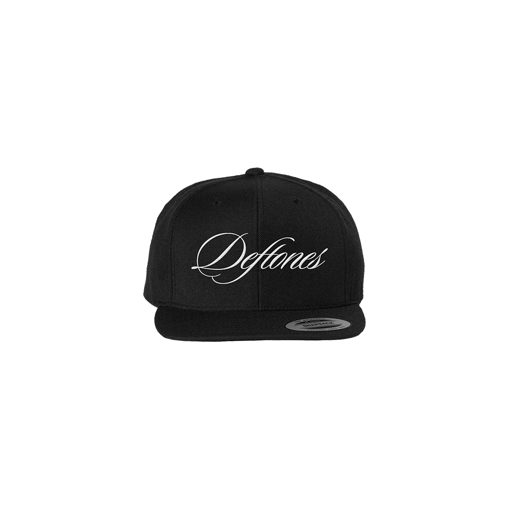 Official Deftones Merchandise. 80% acrylic / 20% high profile snap back style hat featuring an embroidered Deftones logo on the front.