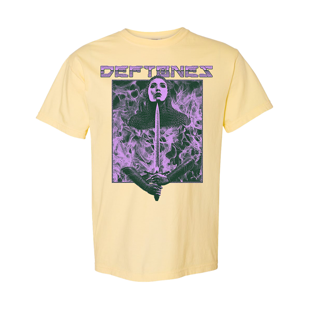 Official Deftones Merchandise. Premium 100% cotton, yellow unisex t-shirt with a relaxed fit featuring a female warrior print on the front.