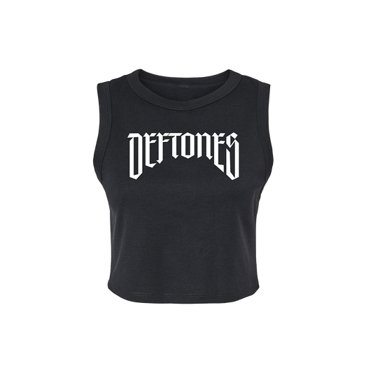 Official Deftones Merchandise. Cotton and polyester blend, womens micro ribbed tank top featuring a white calligraphy Deftones logo printed across the chest.