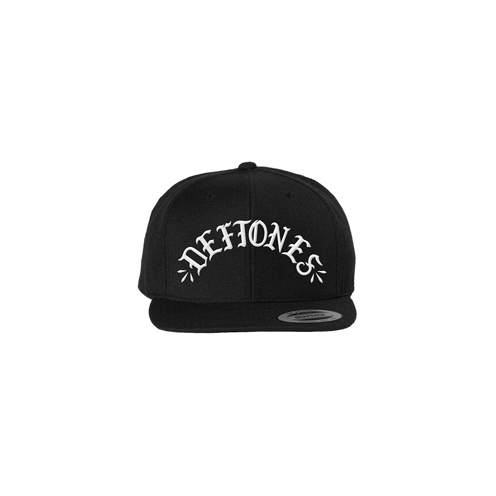 Official Deftones Merchandise. 80% acrylic / 20% high profile snap back style hat featuring a puff embroidered Deftones logo on the front.