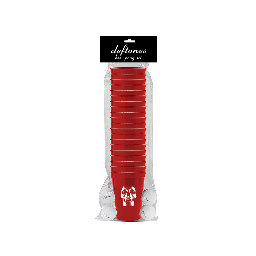 Stack of red plastic cups with a skull logo, packaged as Deftones merchandise.
