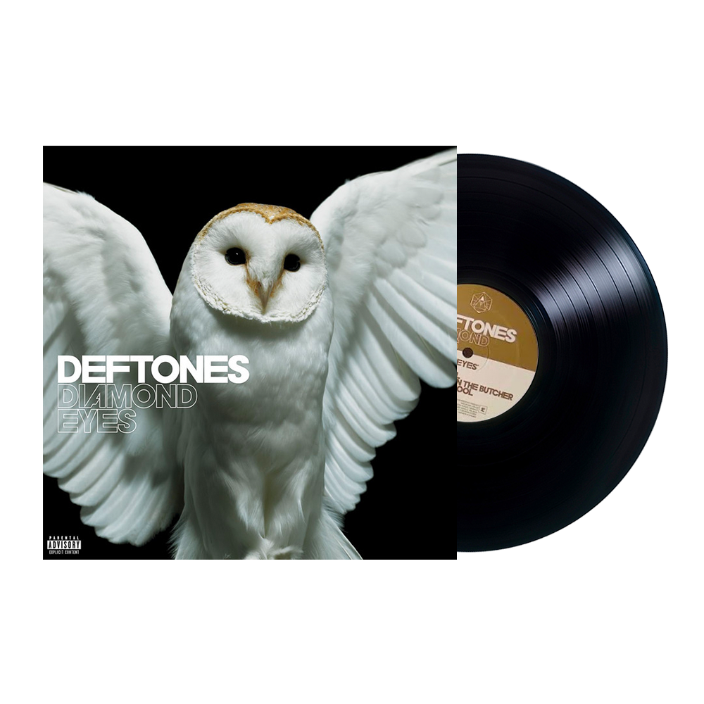 White barn owl with outstretched wings on an album cover for Deftones’ ’Diamond Eyes’.