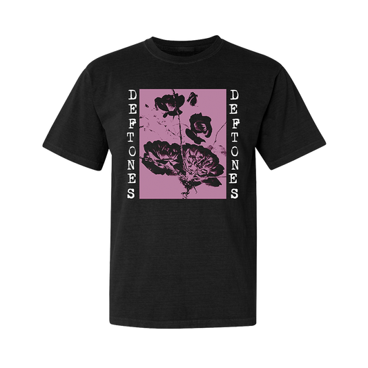 Official Deftones Merchandise. Premium 100% cotton, black unisex t-shirt with a relaxed fit featuring a pink flower print.