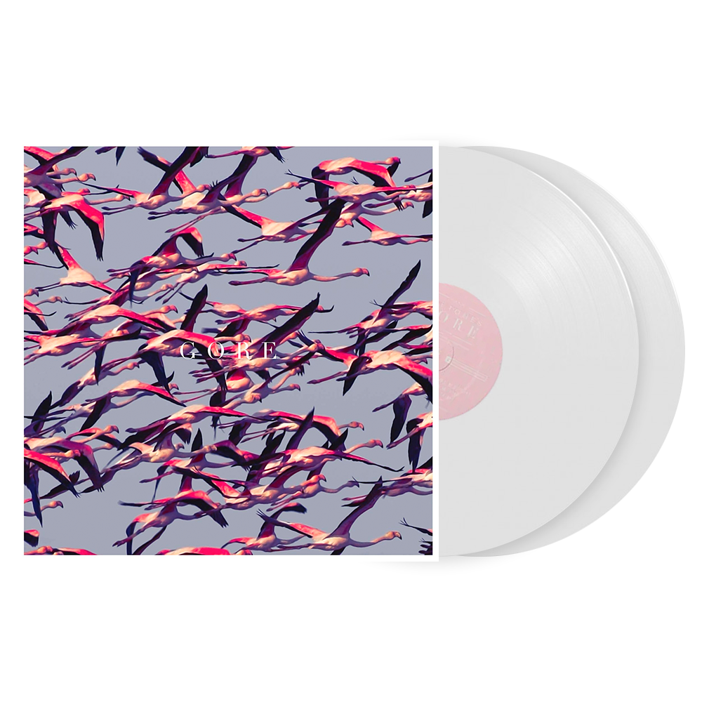 Album cover featuring stylized flamingos in flight against a gray background.