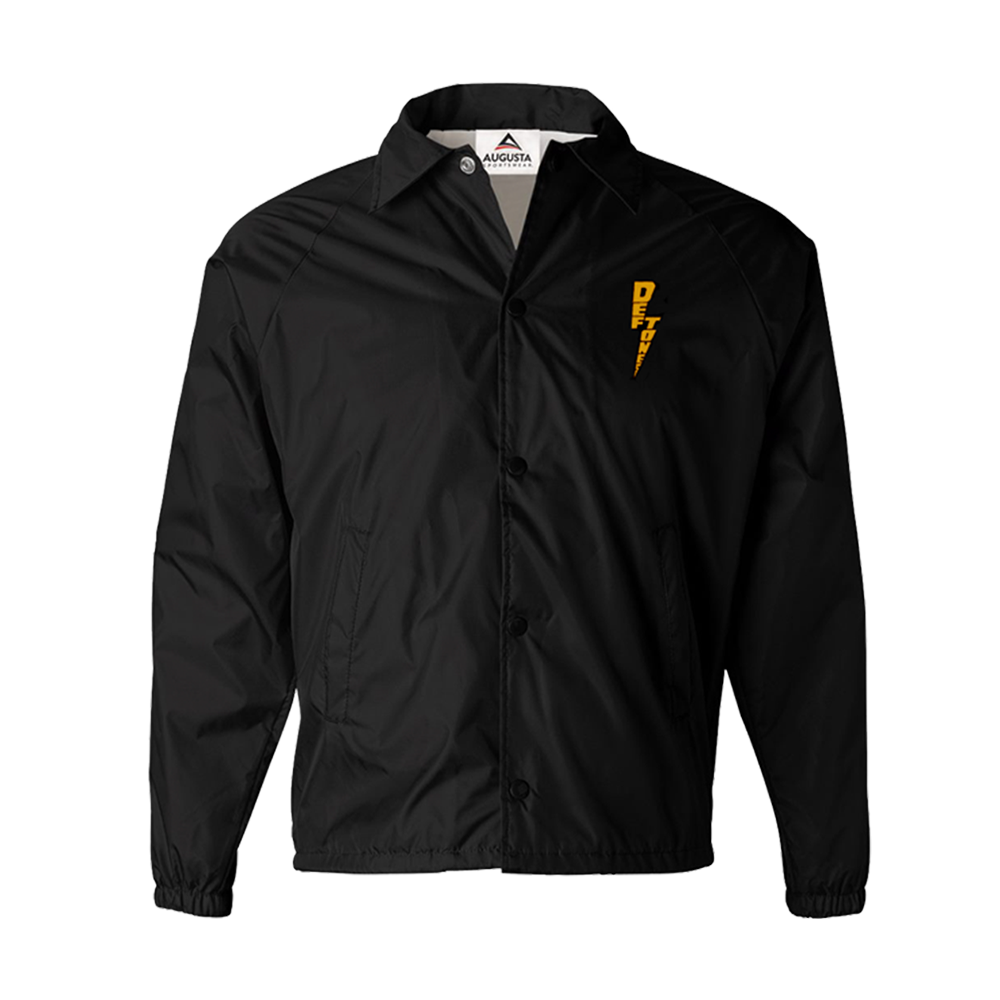 Black jacket with a yellow lightning bolt logo on the chest.