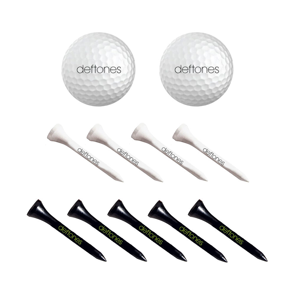 Golf accessories set featuring Deftones-branded golf balls and tees.