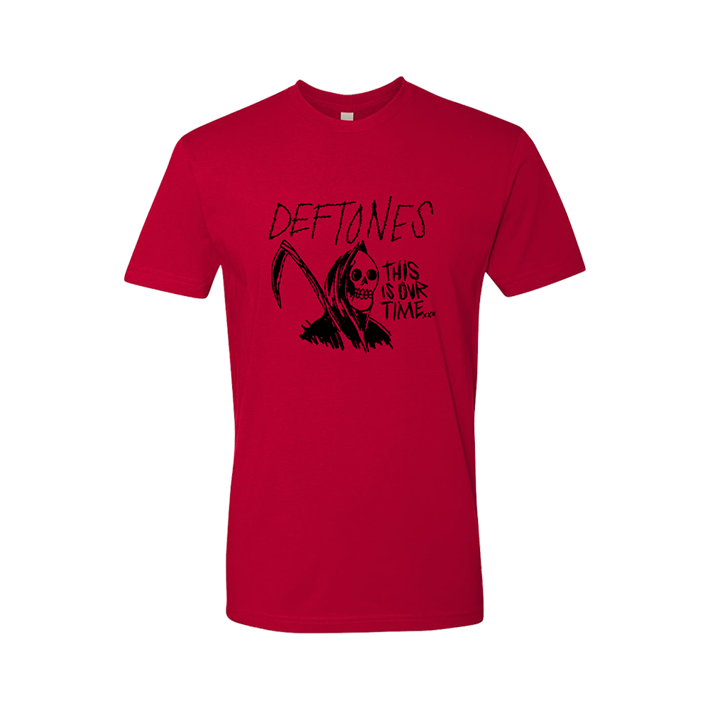 Red t-shirt featuring a Deftones band design with a grim reaper figure and text.