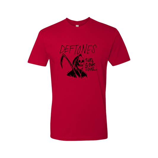 Red t-shirt featuring a Deftones band design with a grim reaper figure and text.