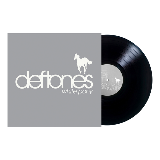 Vinyl record album of Deftones’ ’White Pony’ with gray cover featuring white horse silhouette.