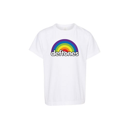 Official Deftones Merchandise. White 100% cotton youth t-shirt with a rainbow Deftones logo.