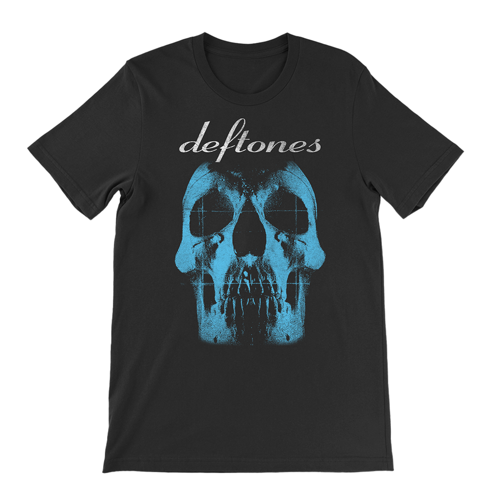 Official Deftones Merchandise. 100% black cotton unisex t-shirt with the album skull art printed on the front in blue and the white script Deftones logo on the crown of the skull.